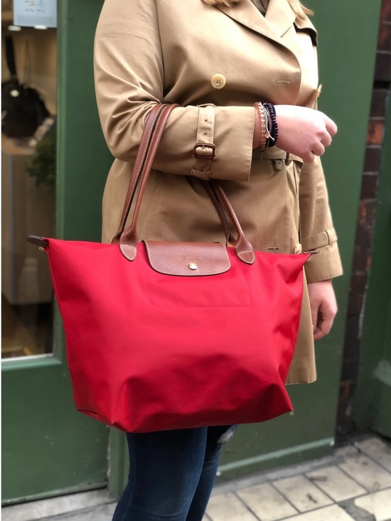 Longchamp Handbags - Longchamp Red Nylon Le Pliage Large Tote with Brown Leather Trim